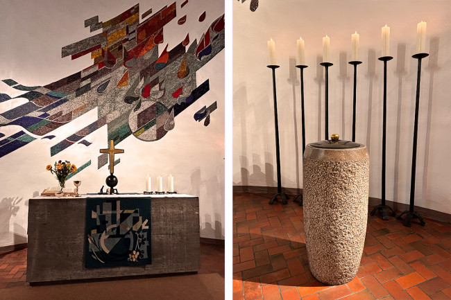 links Altar und Kreuz, rechts Taufstein